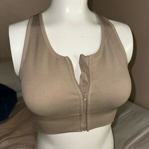 Women's Tan Zip-Front Sports Bra